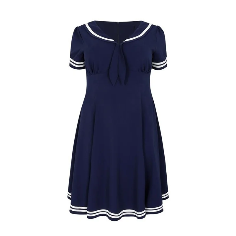 Plus size women 2017 summer new dress womens fashion simple solid color casual school wind navy blue A line dresses ZD2090 | Женская