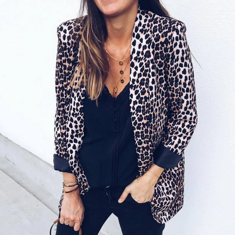 Wenyujh Women Sexy Leopard Snake Print Blazer Long Sleeve Notched Collar Pockets Suits Blazer Female Coat Outerwear Tops