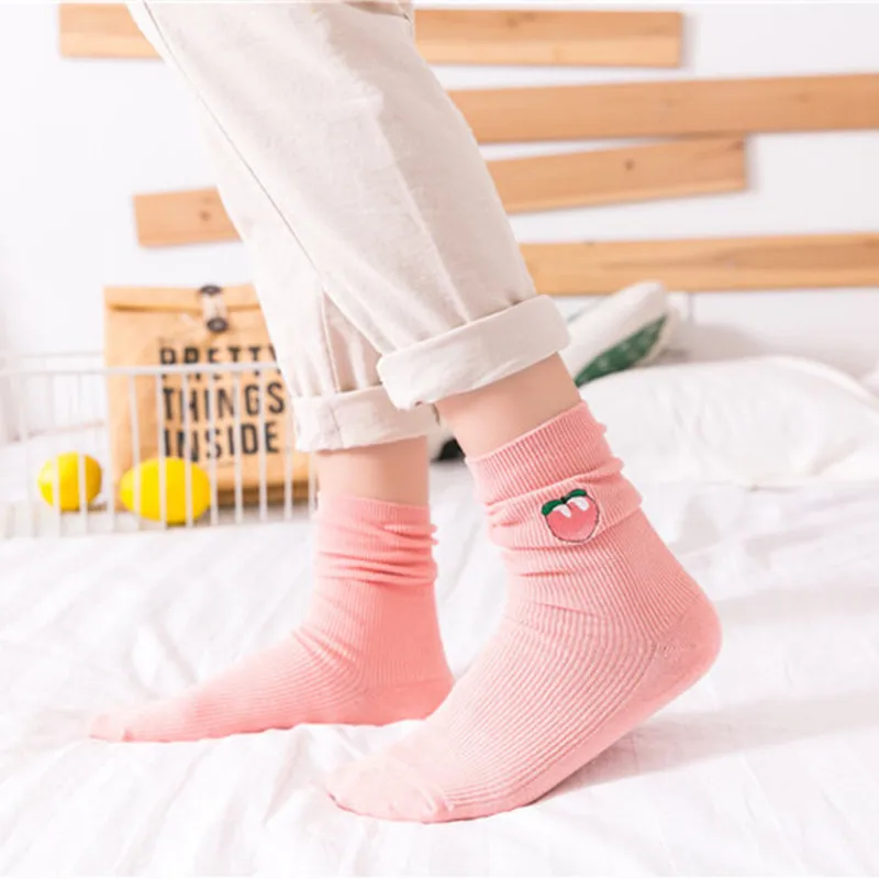 Howfits Women Ankle Funny Cute Harajuku Socks Cotton Fruits White Pink Cherry Peach Avocado Banana Cartoon Streetwear | Женская одежда