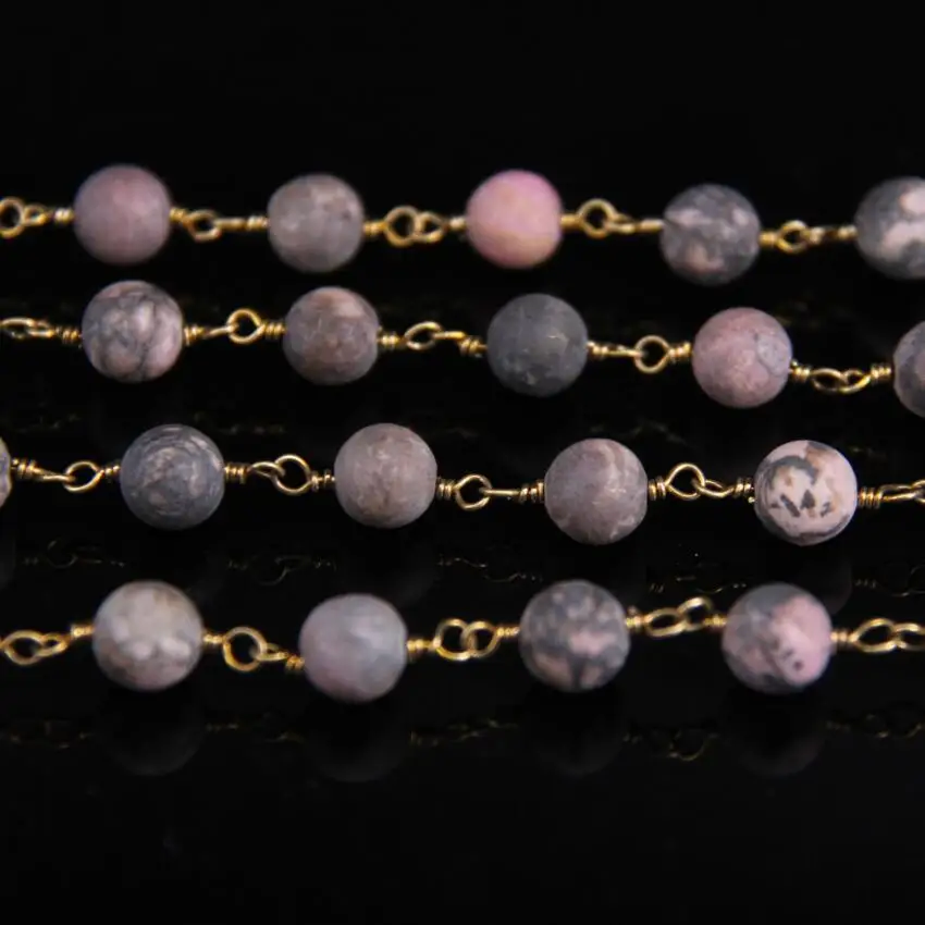 

8mm Natural Rhodochrosite Matted Round Bead Chain,Brass Wire Wrapped Rhodonite Stone Rosary Chain DIY Necklace bracelet Jewelry