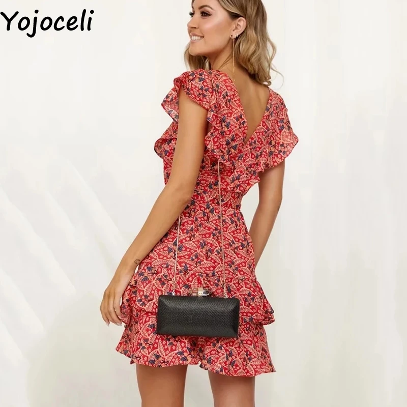Yojoceli/короткое элегантное платье с рюшами летнее шифоновое поясом и бантом