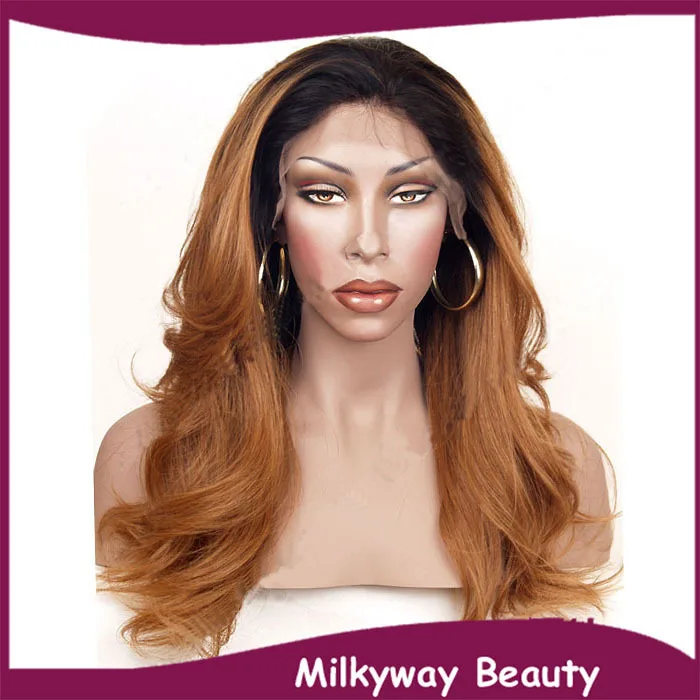 Free shipping New black brown1B/30 two tone ombre heat resistant fiber natural wave glueless synthetic lace front wig |