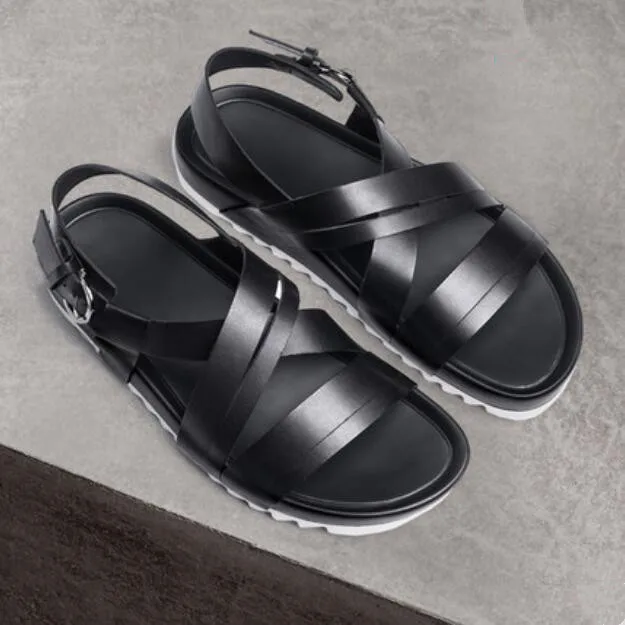 

Fashion Mens Summer Italian Leather Casual Shoes Sandals 2018 Black Cozy Sandals Flats Mujers Male Cool Sandals Beach Shoes