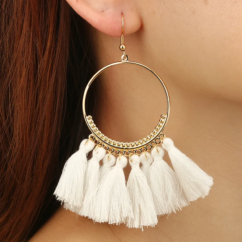 

Fashion Bohemian Ethnic Fringed Tassel Earrings for Women Golden Round Circle Ring Dangle Hanging Drop Earrings Jewelry