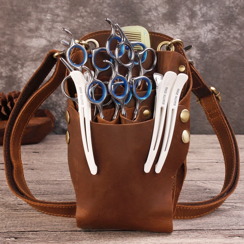 Men Crazy Horse Leather Hair Pet Beauty Scissor Crossbody Bag Fanny Waist Pack Handmade Genuine Messeneger Shoulder | Багаж и сумки