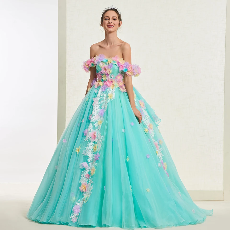 Платье голубого зеленое с аппликацией открытыми плечами Quinceanera платье принцессы
