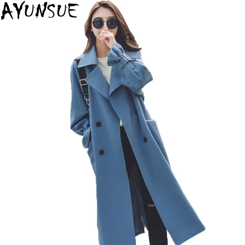AYUSNUE 2021 новый модный шикарный двубортный длинный тренчкот женская синяя ветровка