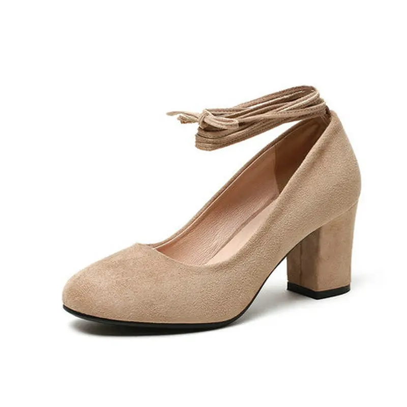 Бежевый QUTAA Women Shoes Round Toe Pu Leather Square High Heel Platform Lac Up Shallow Women Pumps Ladies Pumps Size 34-43 - Цвет: Бежевый