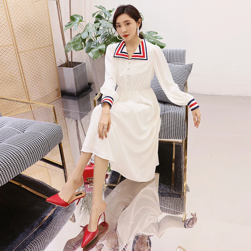 YIGELILA Women White Dress Summer Fashion Elegant V-neck Full Sleeve Empire Slim Midi 64769 | Женская одежда