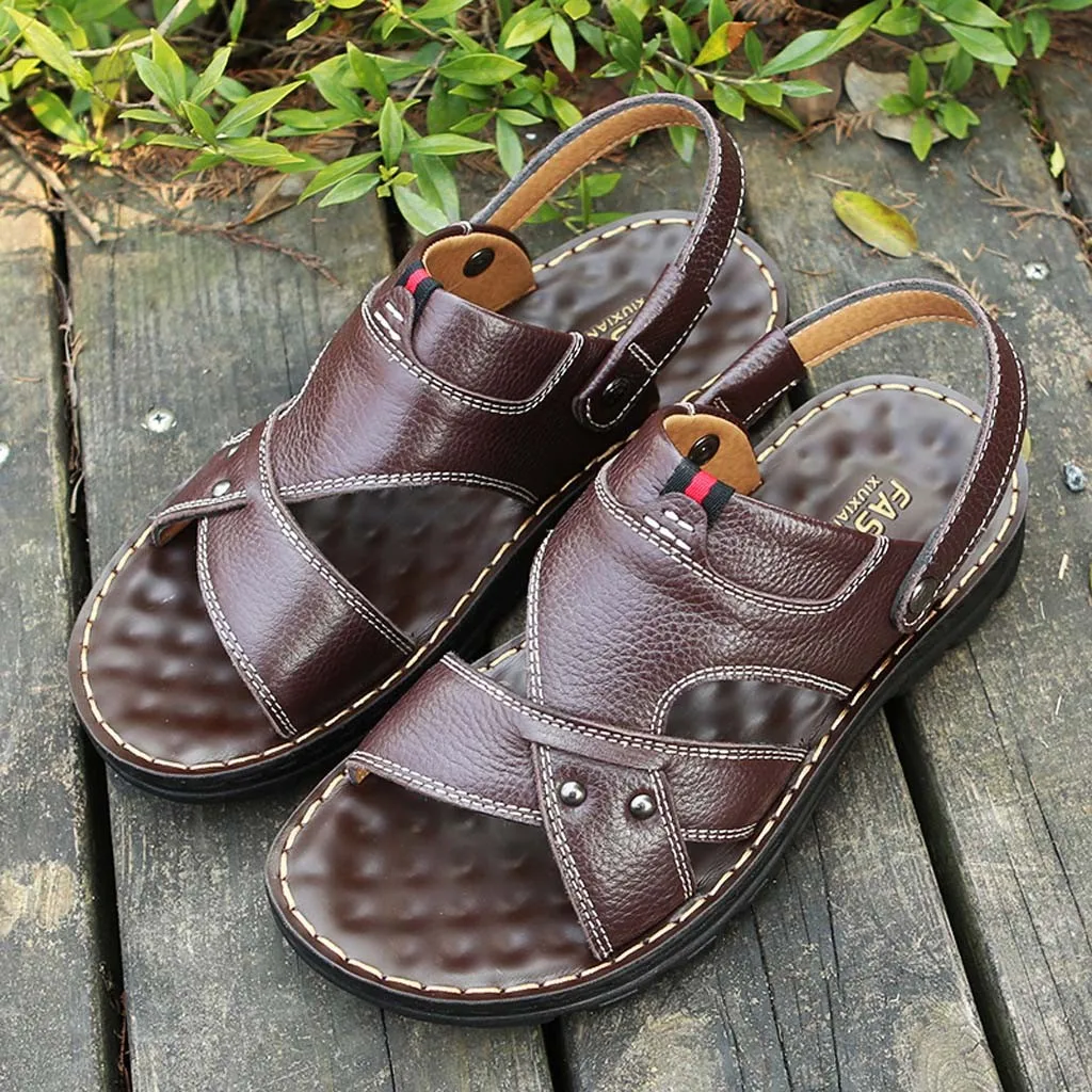 Мужские летние сандалии Классические однотонные дышащие из натуральной кожи для