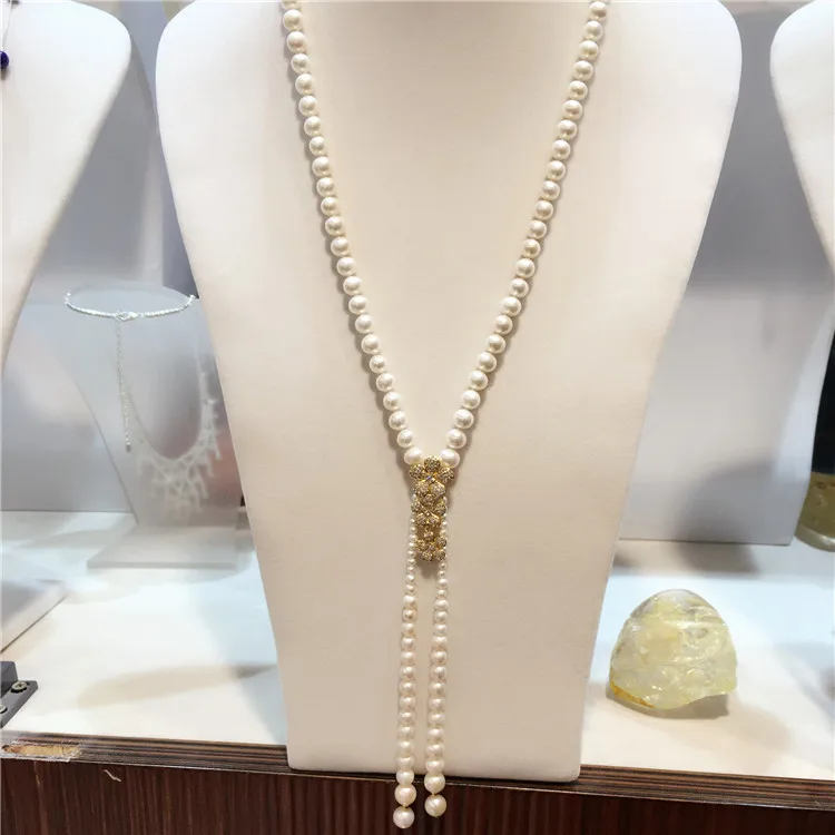 Hand knotted natural white freshwater pearl long 80+20cm sweater chain flowers gold two styles zircon accessories necklace | Украшения и