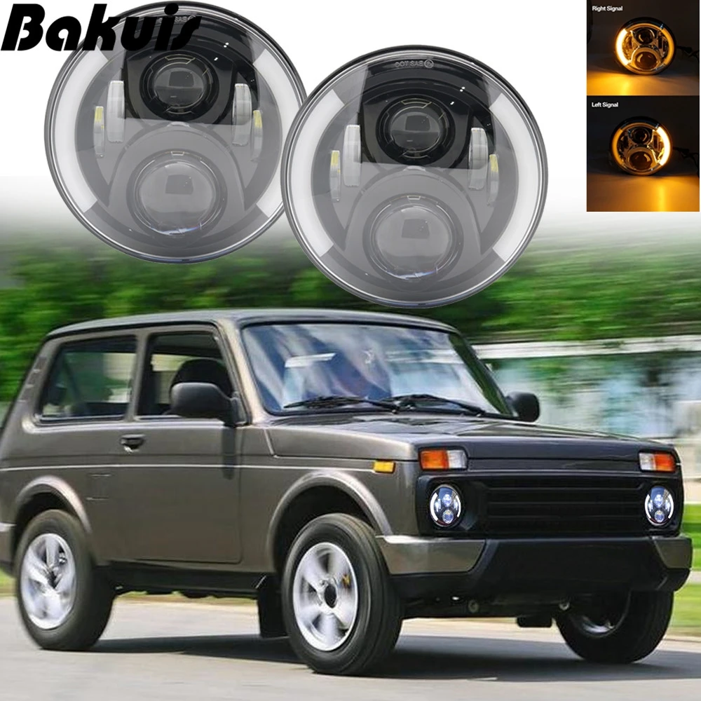 Для Лада Нива 4x4 suzuki samurai " светодиодный DRL H4 Halo Фары для ваз 2101 7 дюймов светодиодный налобный фонарь с янтарным указателем поворота влево и вправо