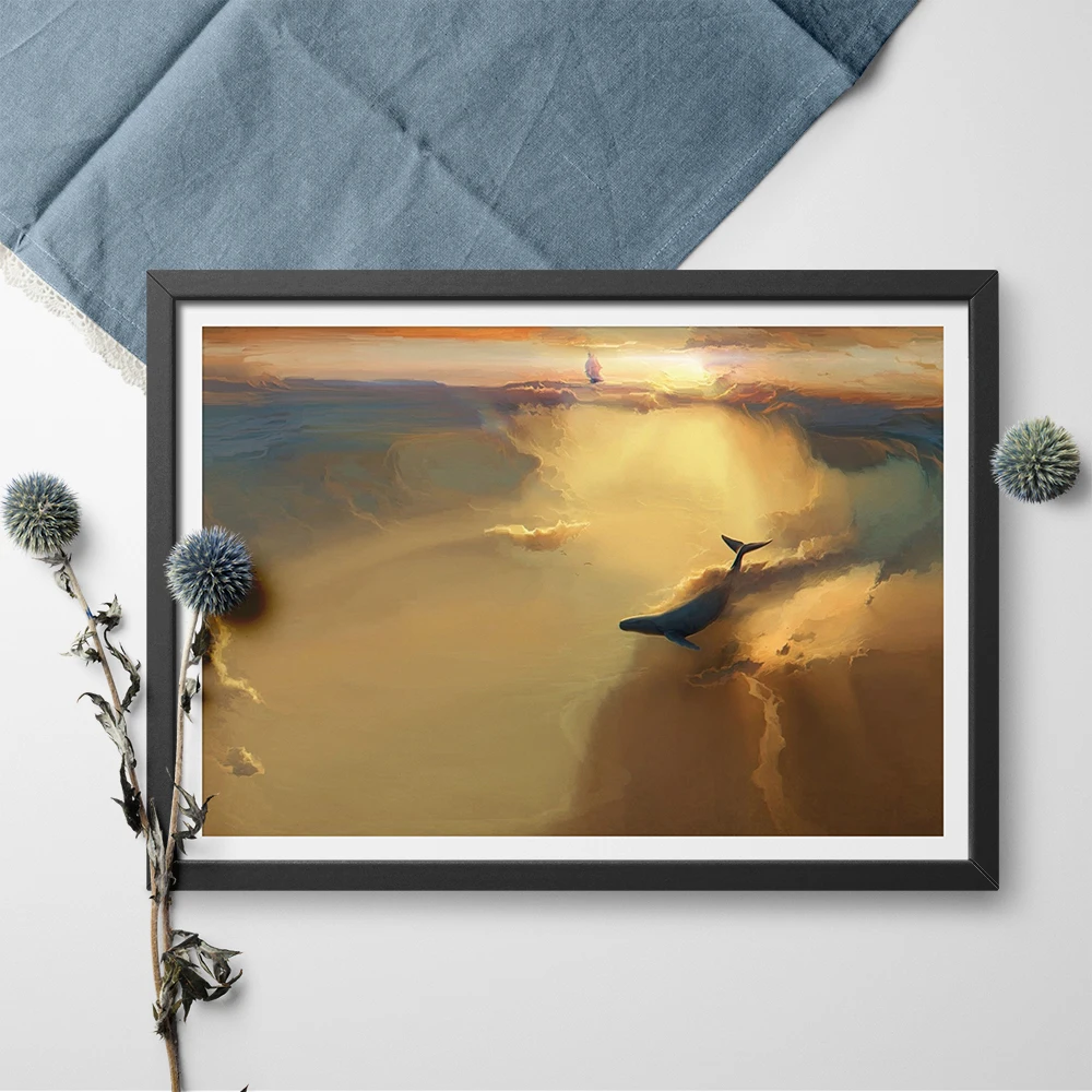 Печать на холсте с Китом в облаках картина "закат" свечение Wall Art украшение