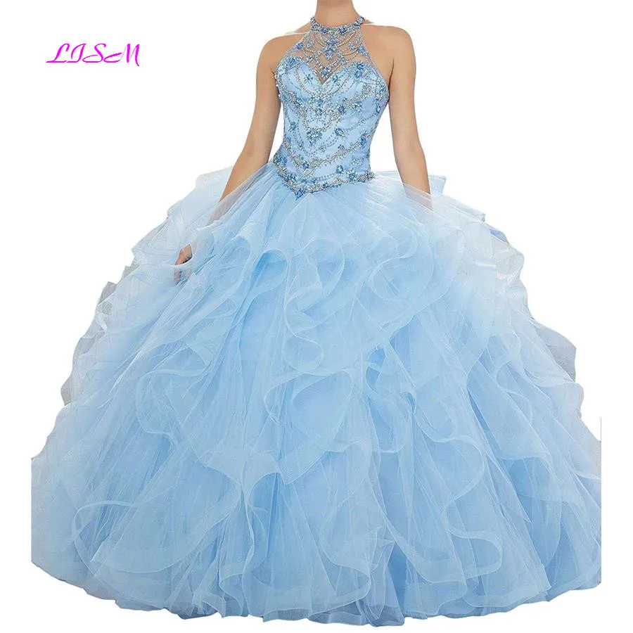 Photo Color Органза Кристаллы бисером бальное платье Бальные платья Сладкий Vestidos De 15 Anos индивидуальный заказ Небесно голубой Холтер Длинные платья для выпускного вечера - Цвет: Photo Color