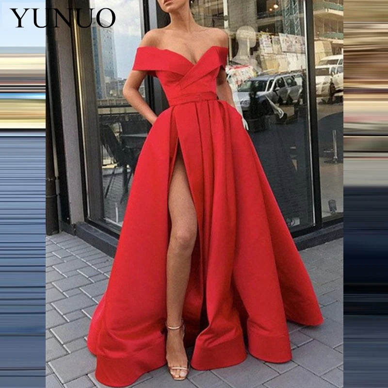 

YuNuo Simple Off the Shoulder V-neck Neckline Prom Dress A-line Split Evening Dress Comfortable Graduation Ball Group N11