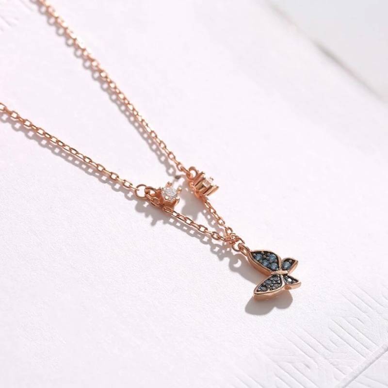Blue Butterfly Clavicle Chain Rose Gold Fresh Cute Simple Student Gift 925 Sterling Silver Temperament Female Necklace SNE312 | Украшения и