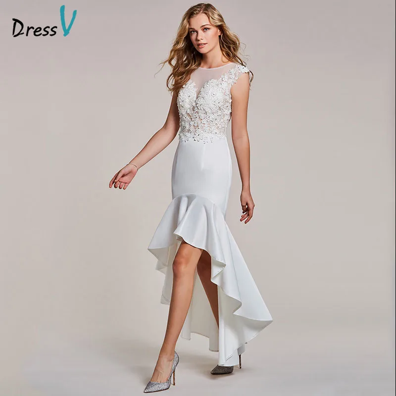 Dressv асимметричное вечернее платье с белой аппликацией с короткими рукавами, женские вечерние платья с глубоким вырезом, официальное с силуэтом "Русалка" и вышивкой бисером, вечернее платье es - Цвет: White