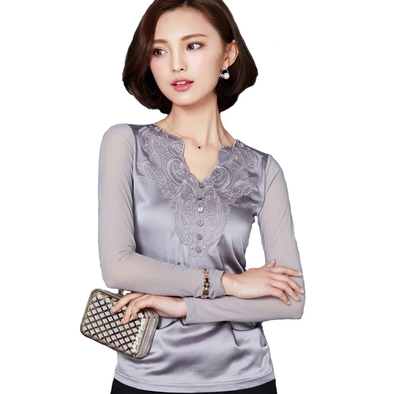 Женские блузки больших размеров Весна-Осень 2016 модные шелковые с v-образным