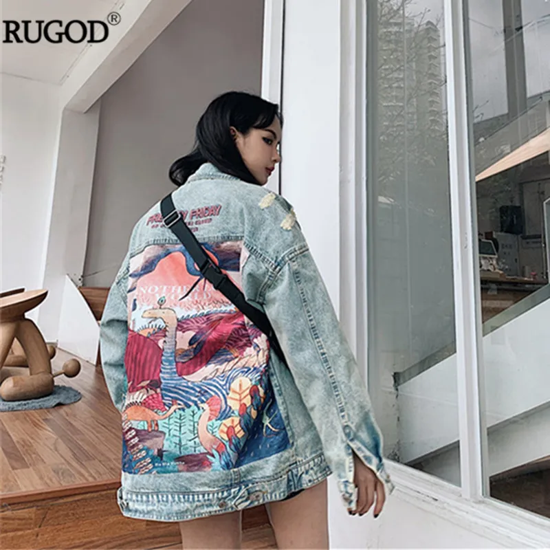 RUGOD, новинка, осень, Забавный принт с героями мультфильмов, длинная джинсовая куртка для женщин, винтажная уличная одежда в стиле панк, джинсовая куртка, casaco feminino