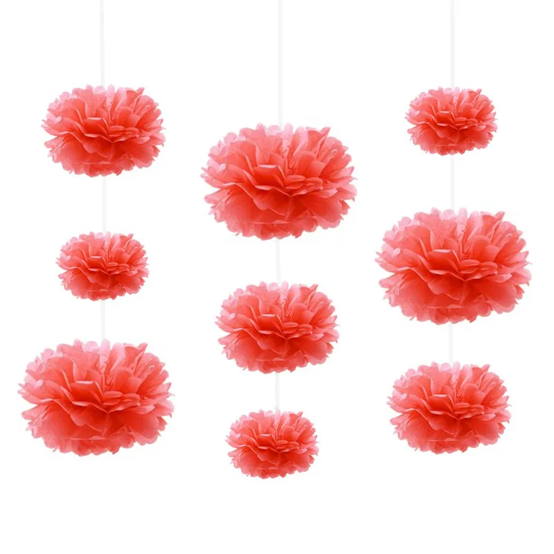 9pcs 15cm/20cm/25cm Red Coral Colors Mixed Size Tissue Paper Pom Poms Wedding Birthday Party Event Decoration Hanging Flowers | Дом и сад