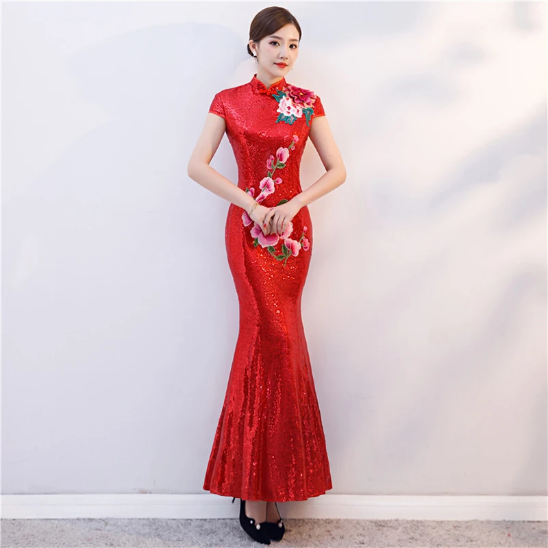 

Red Sequined Fishtail Long Cheongsam Dress Women Modern Qipao Chinois Robe Orientale Traditional Chinese Gown Vintage Wedding
