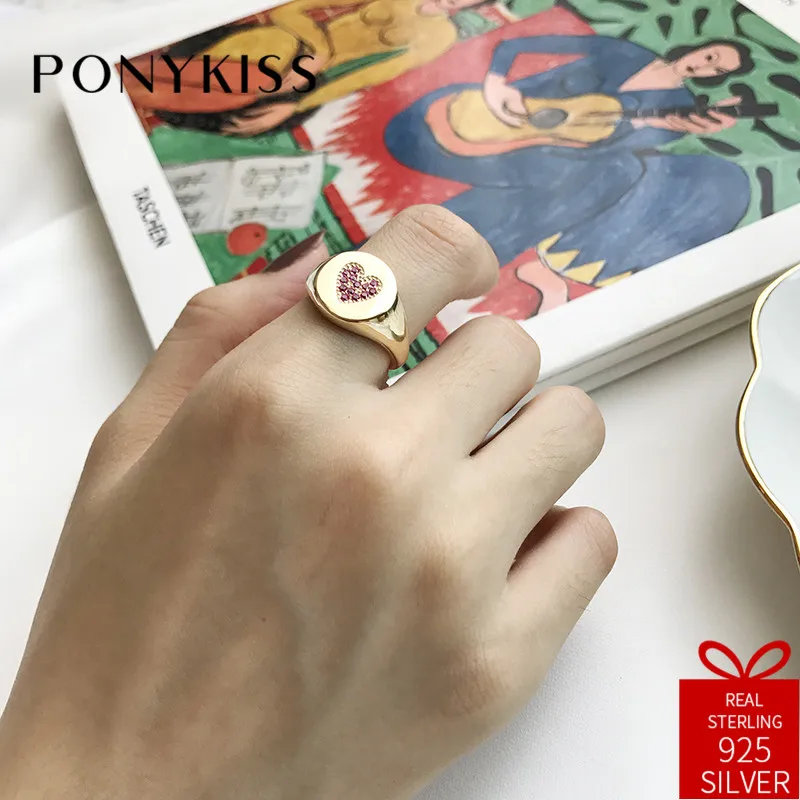 

PONYKISS Trendy 100% 925 Sterling Silver Golden Geometric Zircon Heart Resizable Opening Ring Women Party Delicate Jewelry Gift