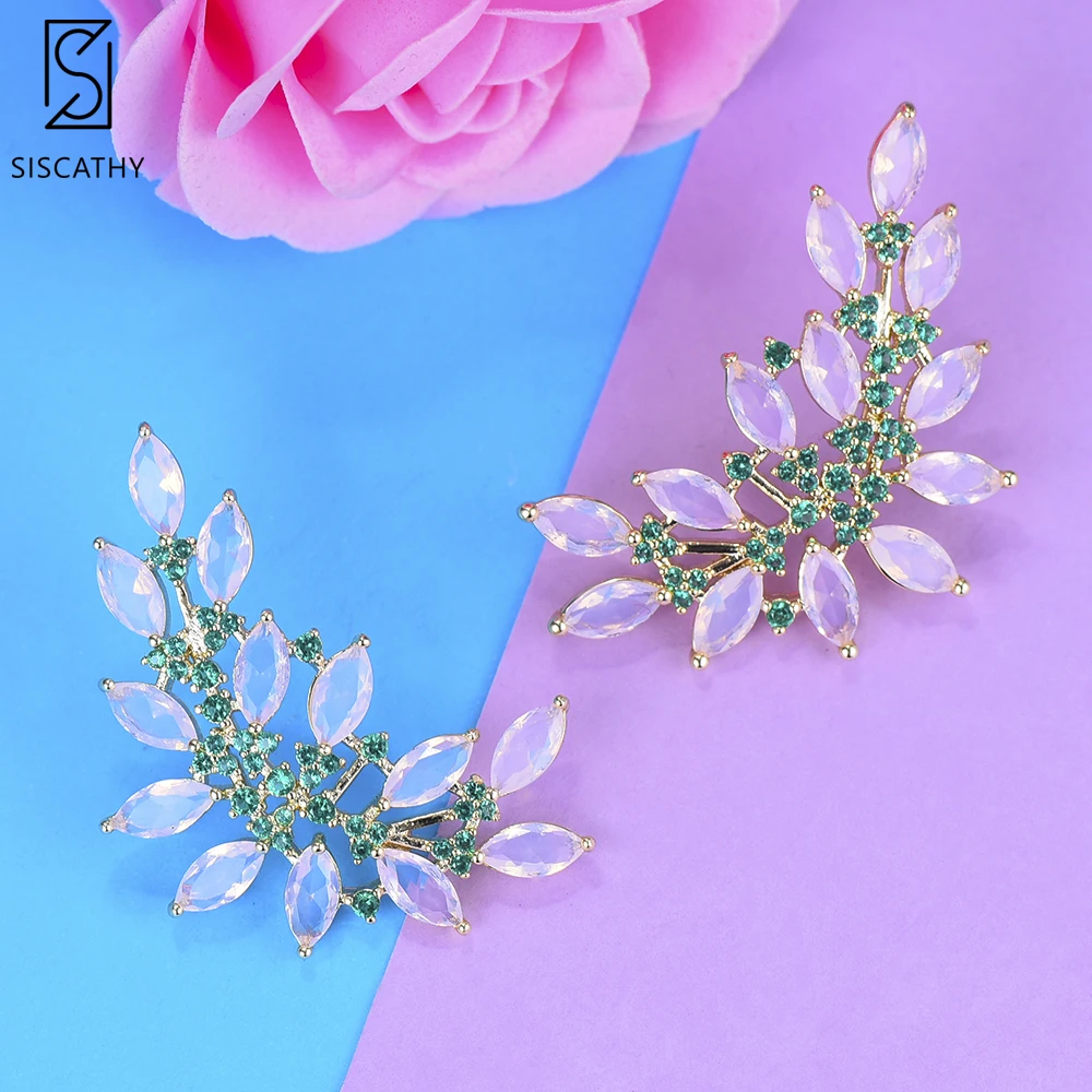 Женские серьги гвоздики с листьями SISCATHY 4 цвета кристаллами и кубическим