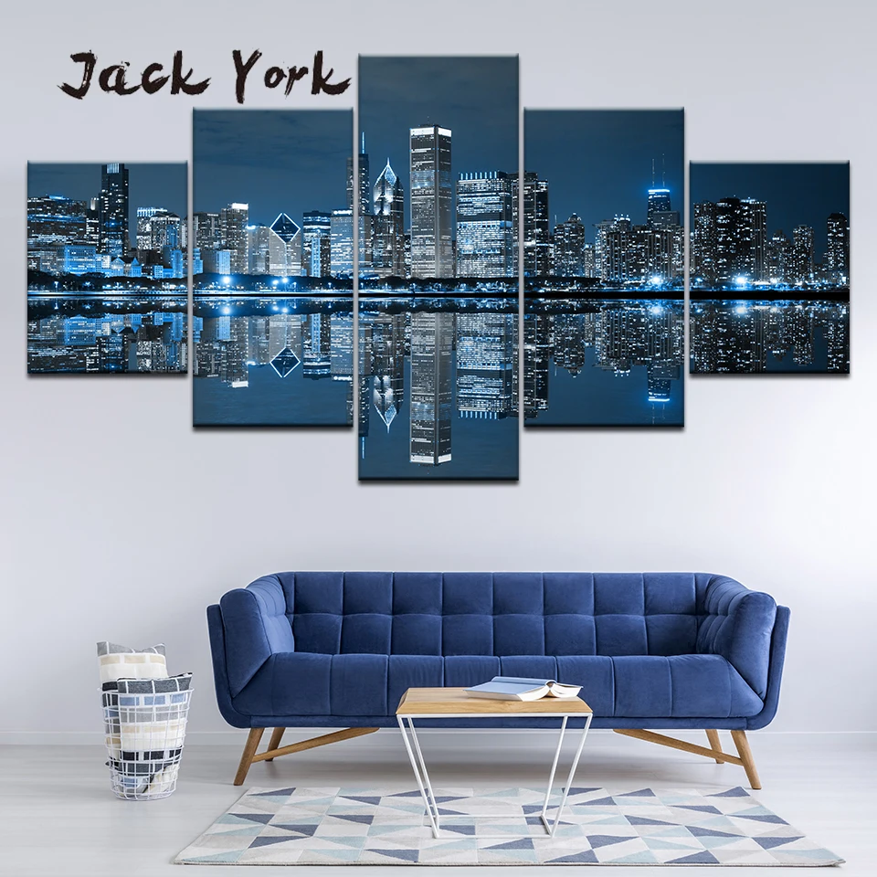 Canvas Painting Chicago Downtown at Night 5 Pieces Wall Art Modular Wallpapers Poster Print for living room Home Decor | Дом и сад