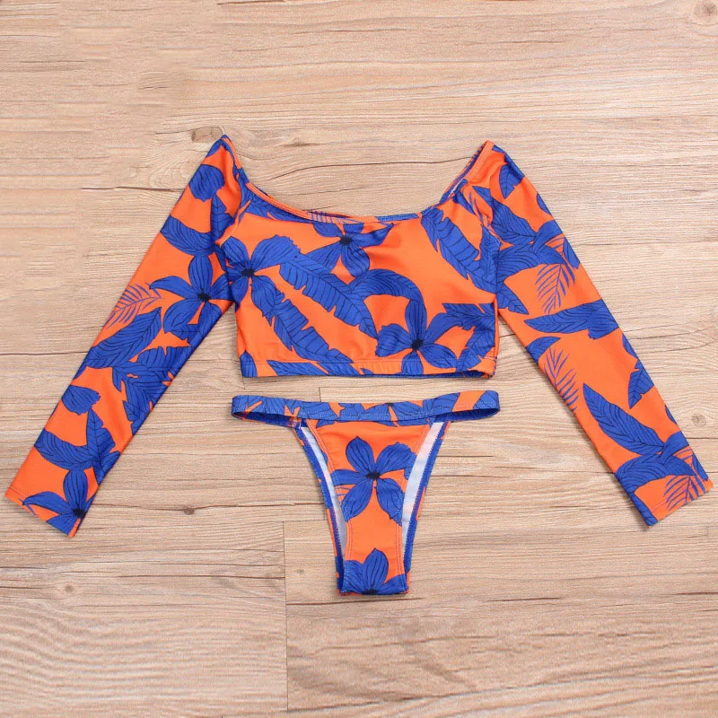 Long Sleeve Off Shoulder Bikini Bandeau Leaf Print Bathing Suit Tank Backless Swimsuit Flower Printed Set Floral Swimwear |