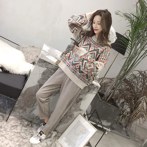 Женский свободный свитер с геометрическим узором винтажный размера плюс в