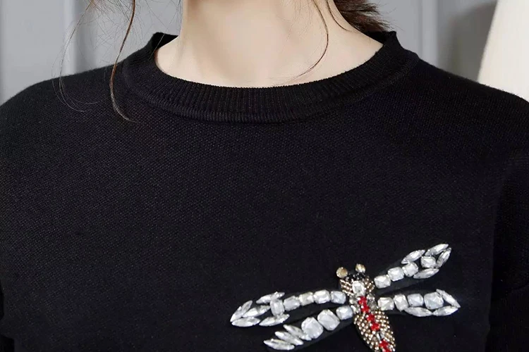 ALPHALMODA свитер с длинными рукавами и кристаллами стрекозы, клетчатая юбка, Женский Осенний изящный вязаный джемпер, комплект с юбкой