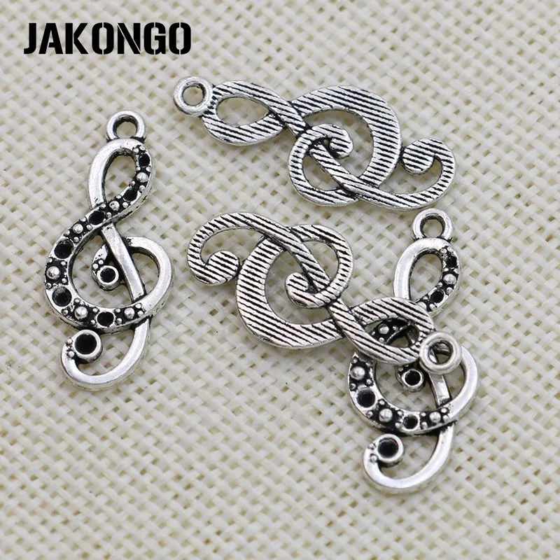 JAKONGO Antique Silver Plated Music Note Charms Pendant for Jewelry Making Bracelet Accessories DIY 28x12mm 20PCS/lot | Украшения и