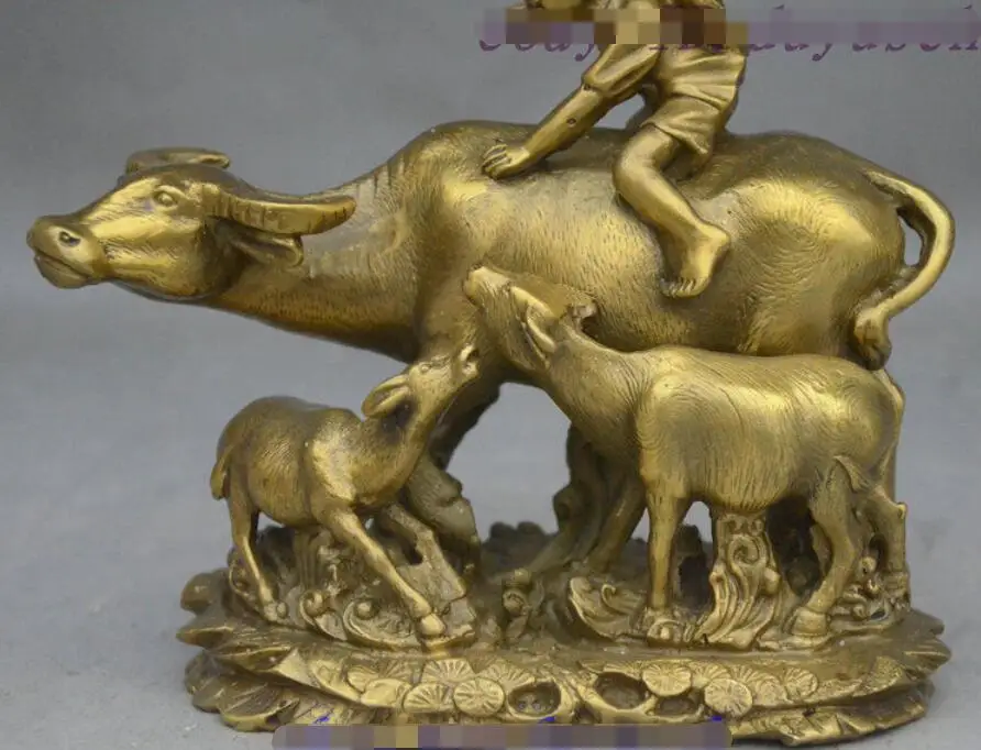 7 Китайский Фэншуй латунный Lucky Boy Kid Ride 3 бык Мул статуя животных | Дом и сад
