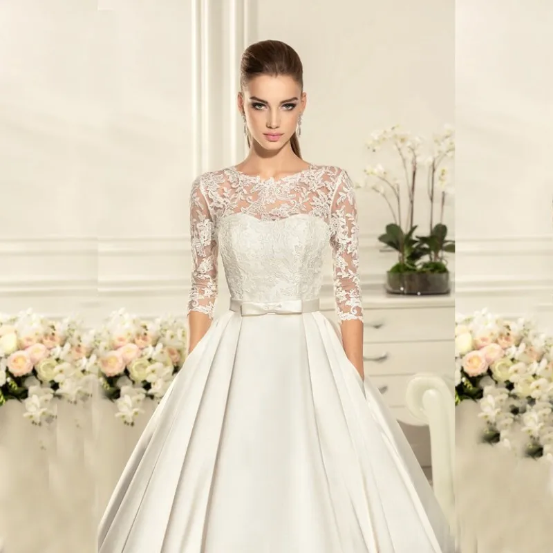 Мода vestido де casamento лонго Три Четверти Рукава Кружева Аппликация Атласная Замочная