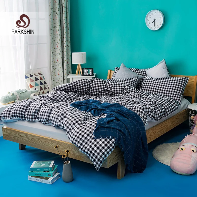 ParkShin Grid Bedding Set Gray Bed Flat Sheet Double Linens Bedclothes Duvet Cover Decor Home Textiles Adult | Дом и сад