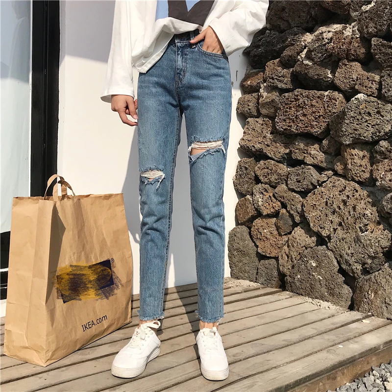 KYMAKUTU S-L Hole Jeans Women Denim Pencil Pants Natural Waist 2018 Summer New Casual All-match Female Pantalones Vaqueros Mujer |