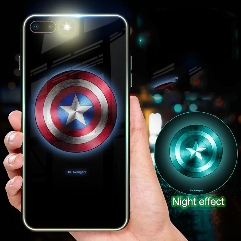 Luminous Glass Case For iPhone X 7 8 6 6s Plus XS Max XR Marvel Batman Superman Spiderman Avengers Black Panther iron Man Cover |