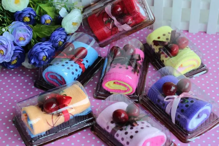 

Festive Supplies Event Party Favors solid fiber Cake Swiss Roll towel With Box wedding gift 20pcs/lots
