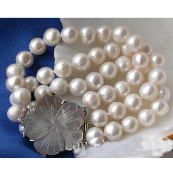 

Genuine Pearl Jewelry 3 Rows 8 Inches 10-11mm Round White Color Freshwater Pearl Bracelet Shell Flower Clasp