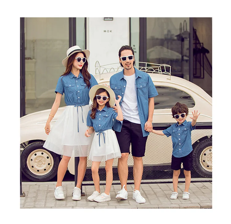 

Summer Family Look Short Sleeve Mesh Stitching Mother And Daughter Dresses Baby Girls Jean Dress Father And Son Denim Blouse
