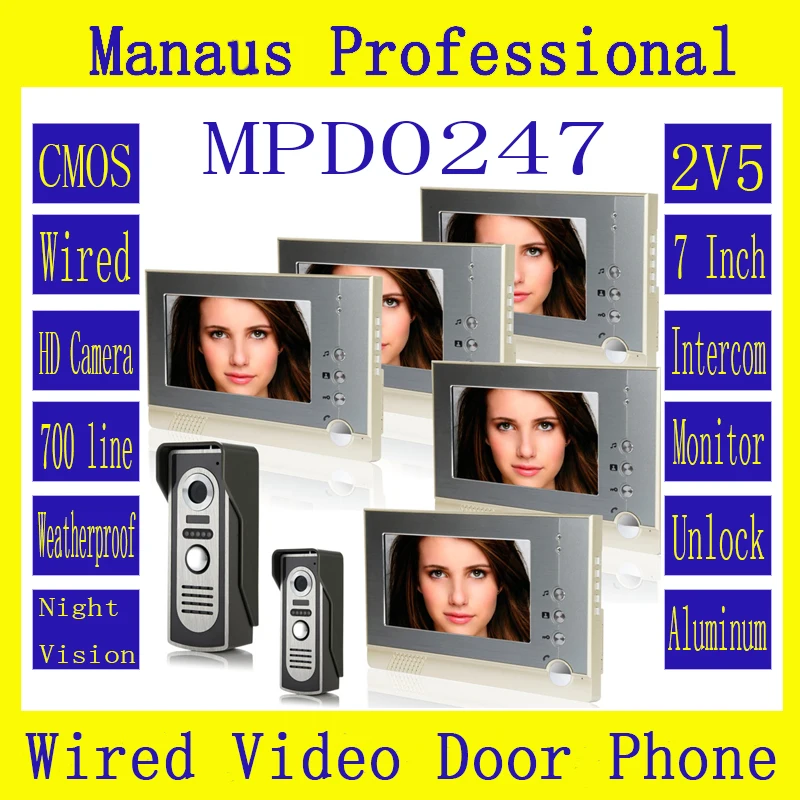 

Professional 7" Wired Video Door Phone Door bell for Home Security with Ir Camera,Two to Five Video Doorphone Doorbell D247a