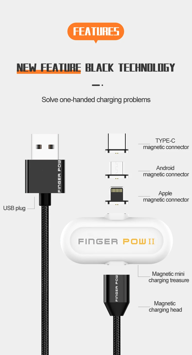Fingerpow 1100 мАч Мини банк питания для iPhone/Android/type C Магнитный USB кабель для зарядки и передачи данных внешний аккумулятор 18650 Банк питания