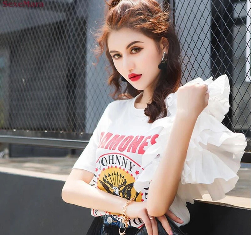 SexeMara Lotus leaf short sleeve T-shirt lace free shipping | Женская одежда