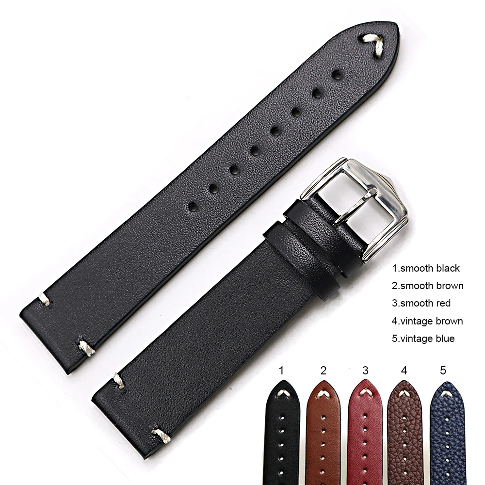 Rolamy 20 22 24mm Wholesale Genuine Cowhide Smooth Vintage Leather Black Brown Blue Red Watch Band Strap With Polish Buckle
