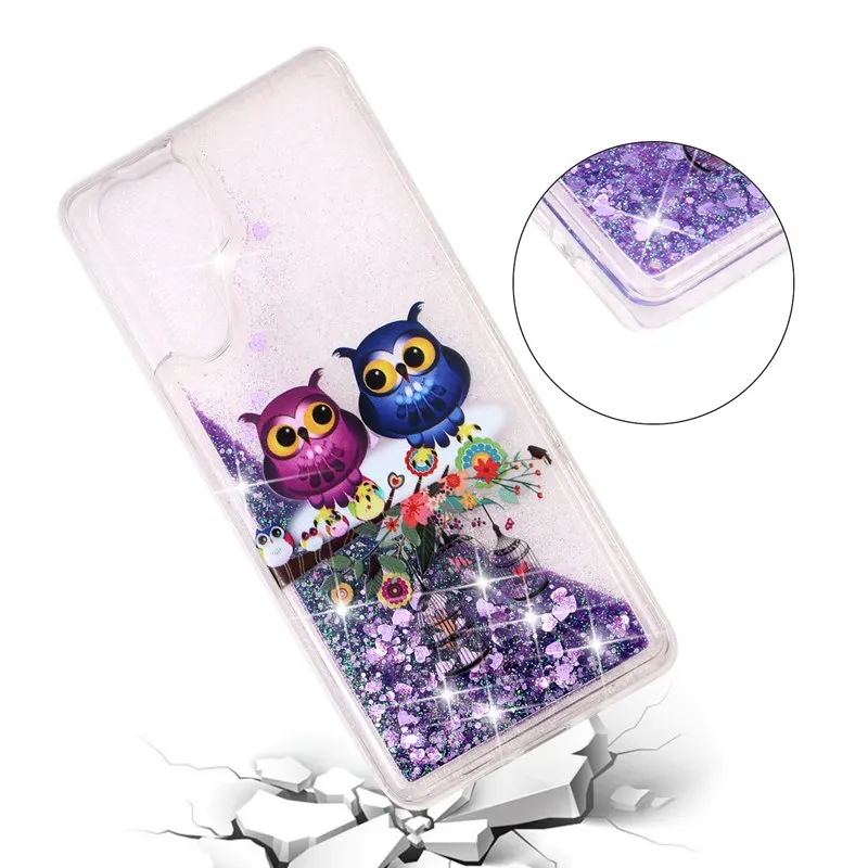 Phone Case For Huawei P30 Pro ProtectiveShell Glitter Shine Quicksand Flowing Liquid Shockproof Owl Pattern Back Cover Soft TPU |