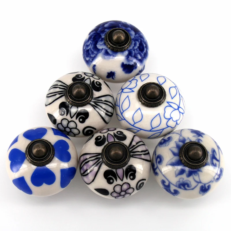 6PCS Blue Black Ceramic Cabinet Knobs Furniture Door Various Designs Porcelain Drawer Pulls Kitchen Cupboard Handles | Обустройство