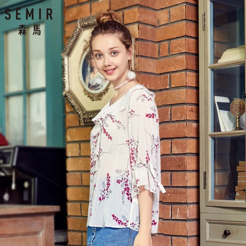 SEMIR женская шифоновая блузка с цветочным принтом оборкой воланом рукавами