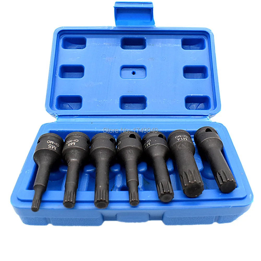 

Spline Bit Socket 7 Piece Set 3/8" Square Drive M5 M6 M7 M8 M10 M12 M14 CR-MO Impact Socket Screwdriver Bits 60mm Long with Case