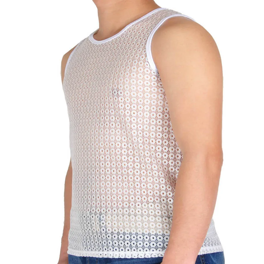 Новинка Мужская кружевная майка нижнее белье прозрачная рубашка без рукавов