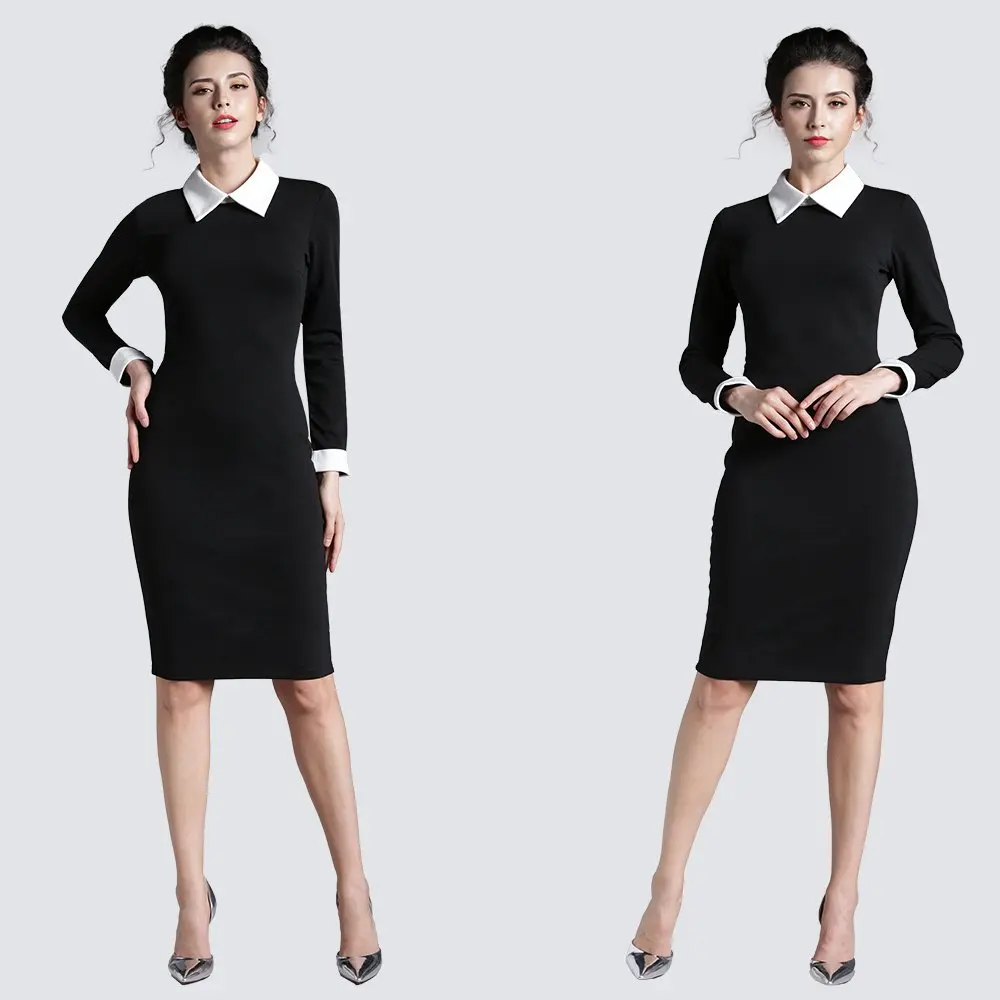 Black Long Sleeve Женская одежда, винтажное Черное женское Формальное деловое офисное платье с коротким рукавом, повседневное облегающее платье-карандаш 751 - Цвет: Black Long Sleeve